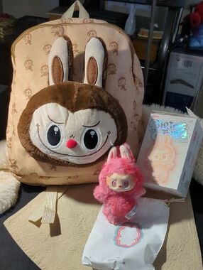 Beige & Brown Labubu  Plush Backpack Set w/Matching Pink Plush Keychain $100